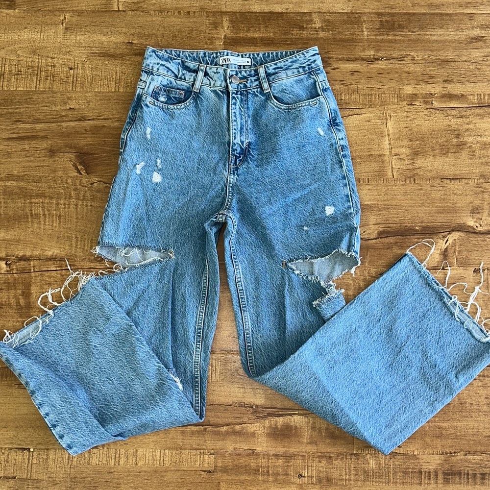 Zara  Blue Denim High Waisted Destructive Jeans